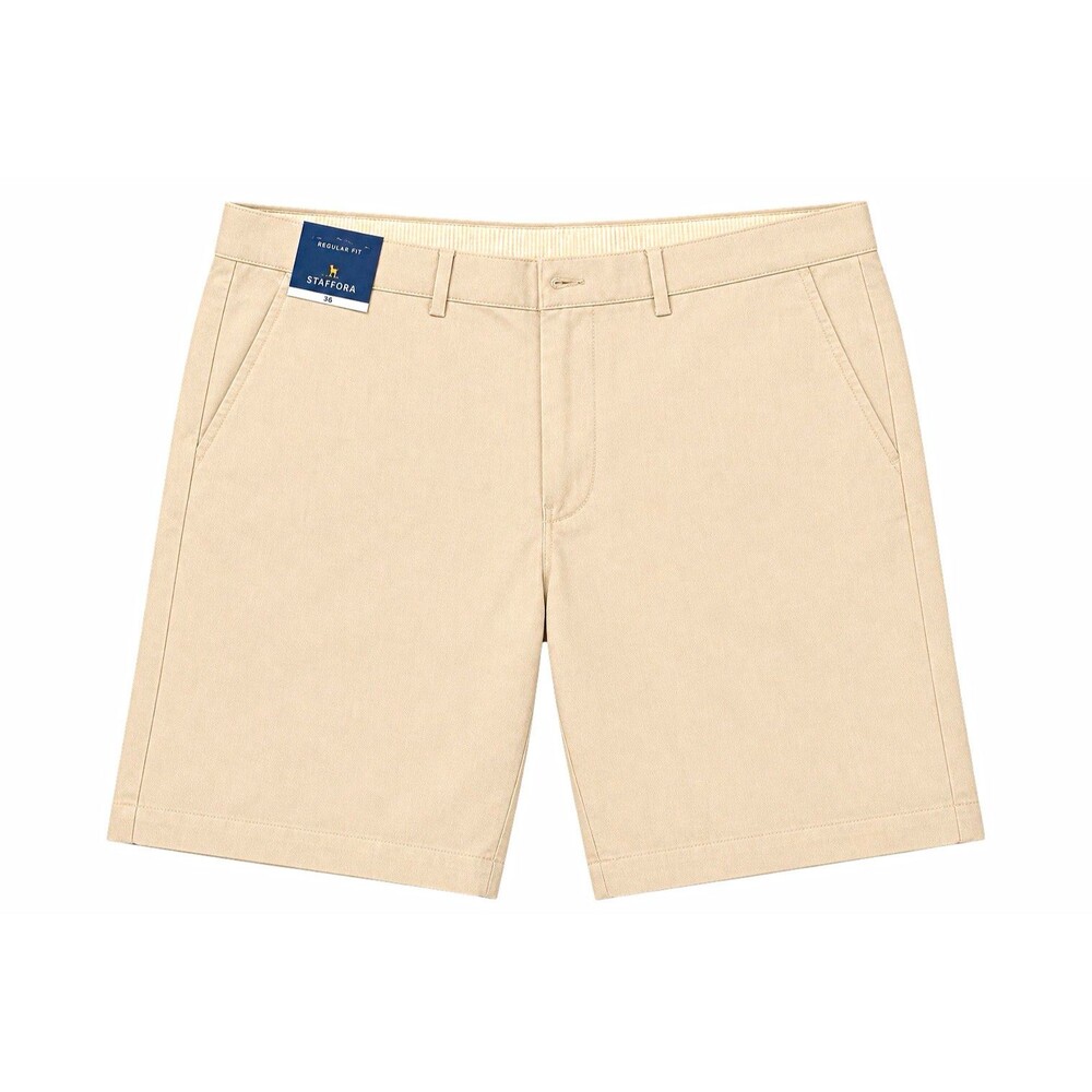 Stafford Men's Beige Solid Chino Shorts Regular Fit Flat Front Zip Pockets